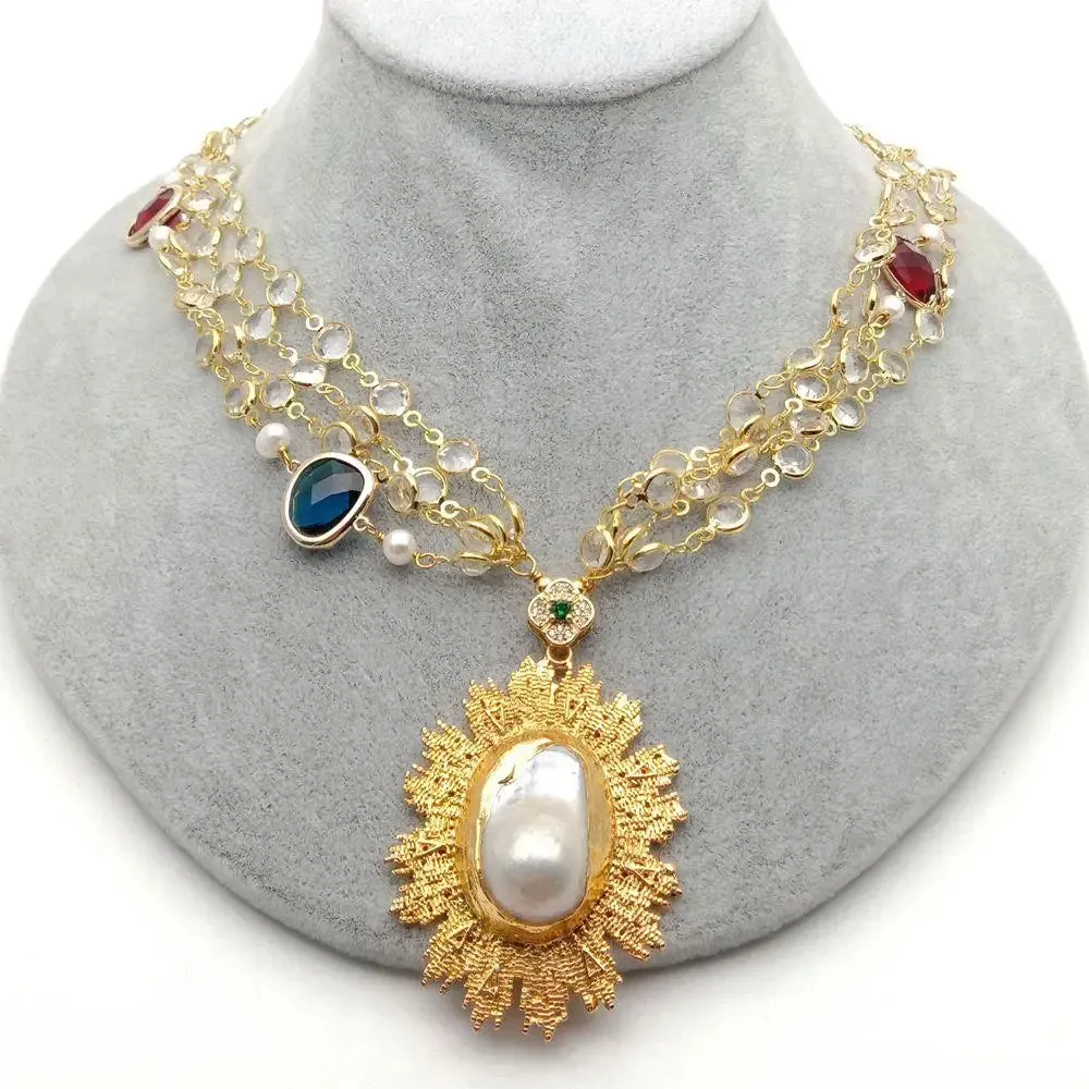 Natural Gemstone and Keshi Pearl Pendant necklace and Bracelet