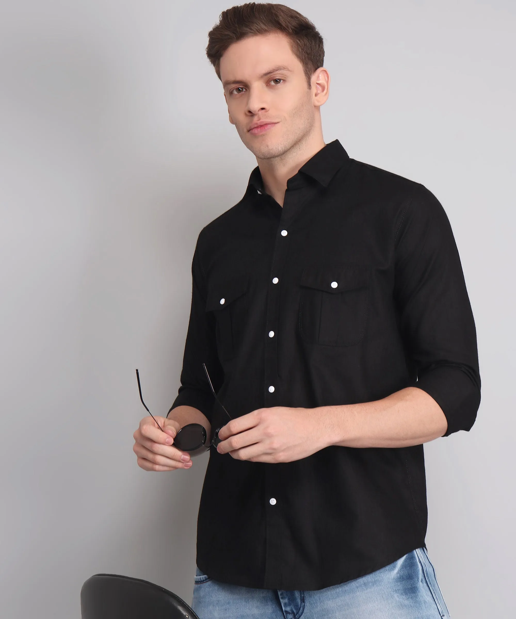 Opal Black Double Pocket Men's Shirt