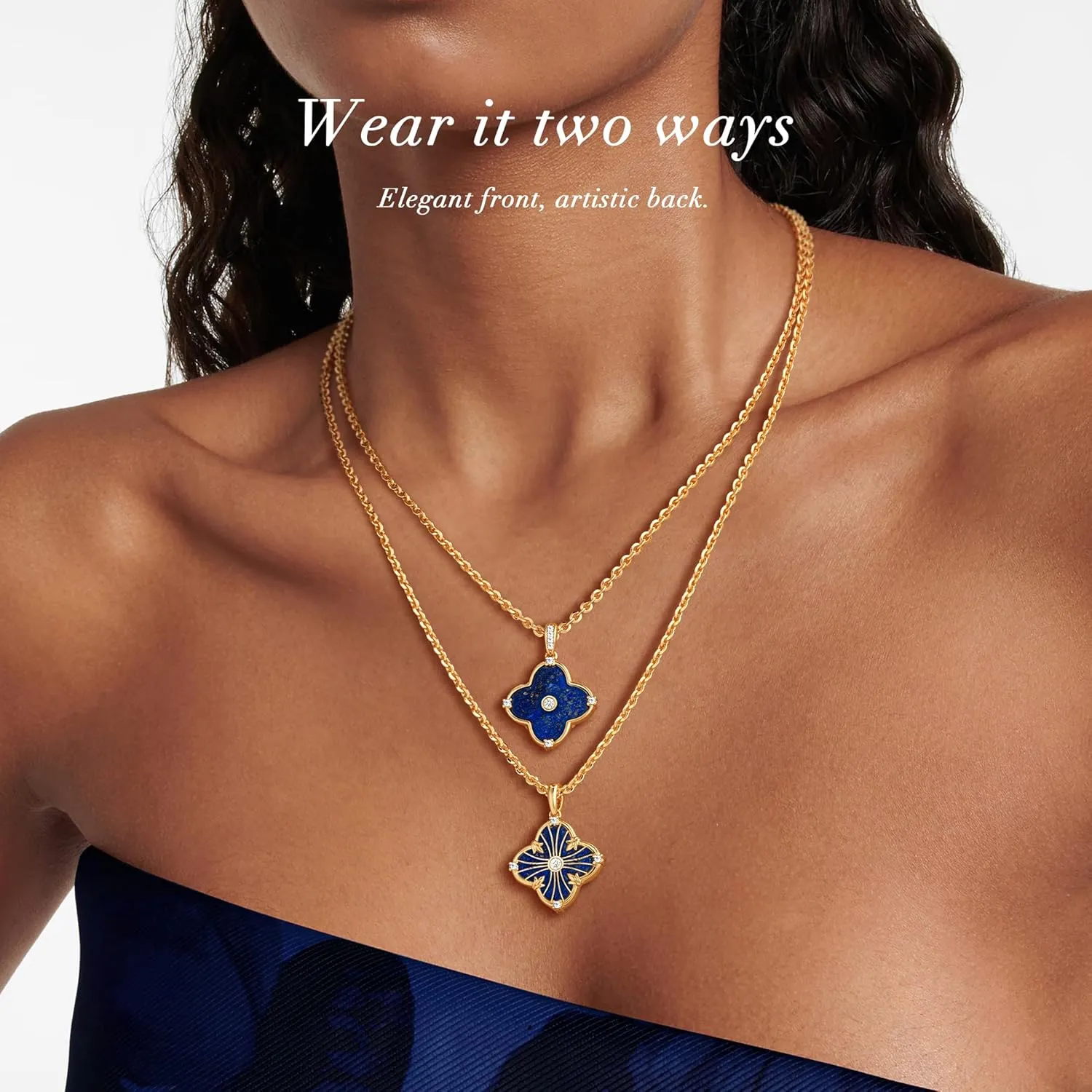 OSIANA Reversible Clover Necklace for Women 14K Gold Plated Natural Stone Four Leaf Pendant Necklaces Lucky Charm Jewelry
