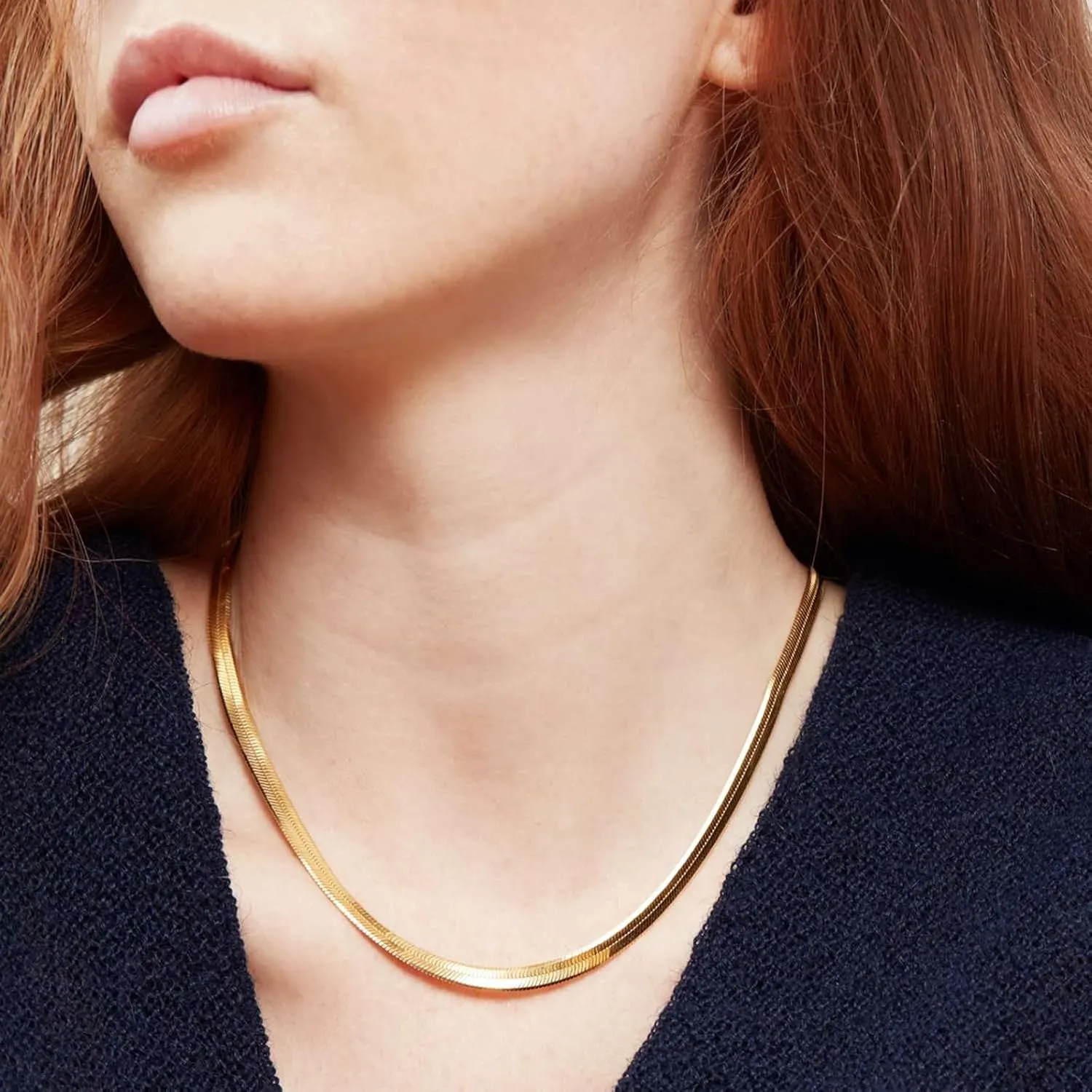 RWQIAN 18K Gold Flat Wide Necklace for Girls Snake Chain Necklaces for Women Herringbone Link Necklace Snake Choker Jewelry Gift for Women Girls