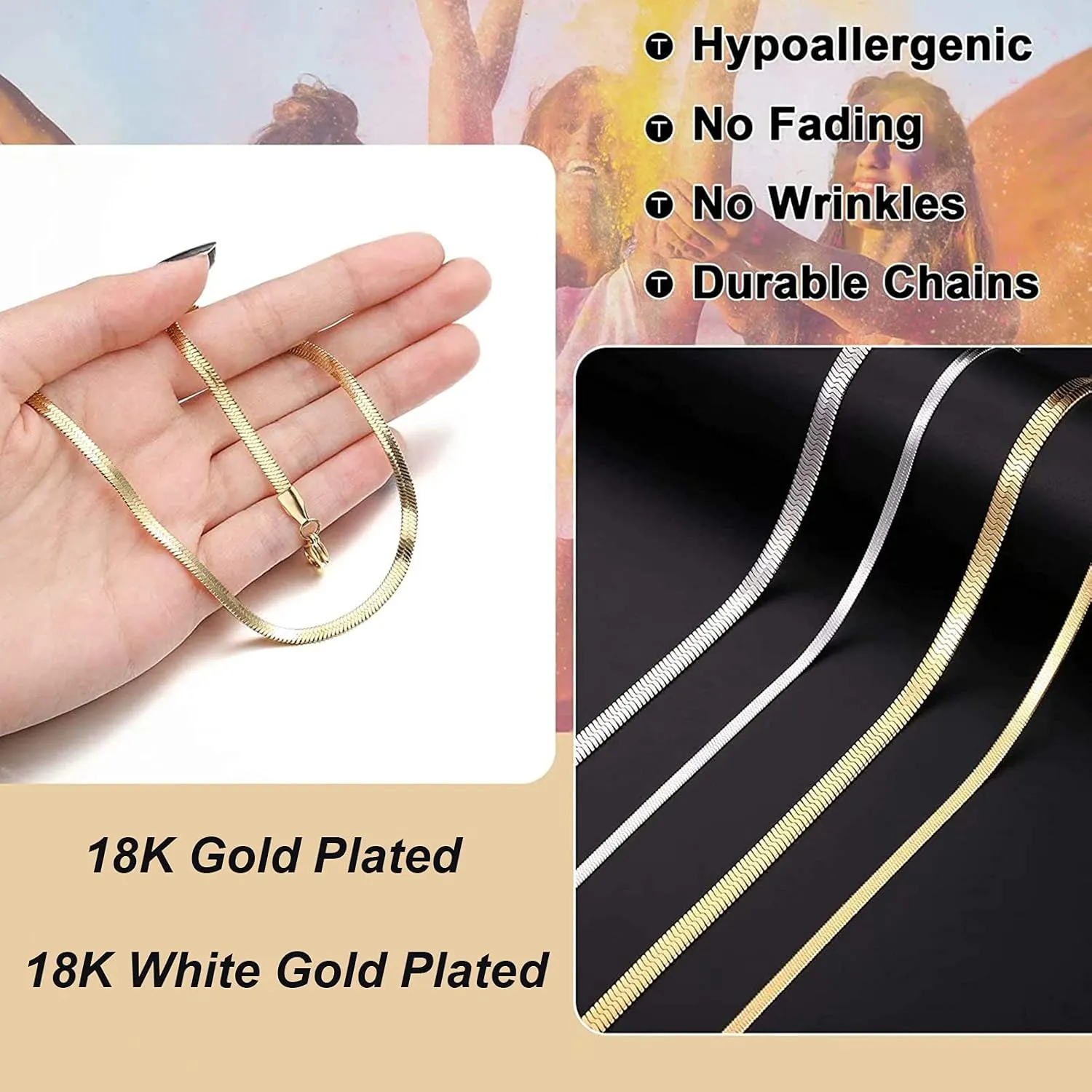 RWQIAN 18K Gold Flat Wide Necklace for Girls Snake Chain Necklaces for Women Herringbone Link Necklace Snake Choker Jewelry Gift for Women Girls