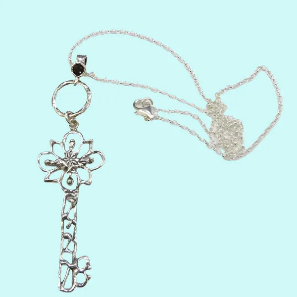 Sterling silver heart key necklace key pendant with Blue opal