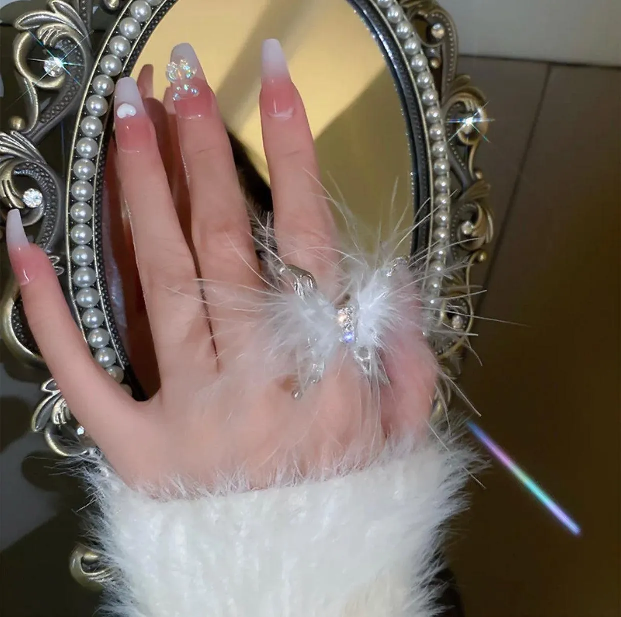 White Feathery Silver Butterfly Wrap Ring