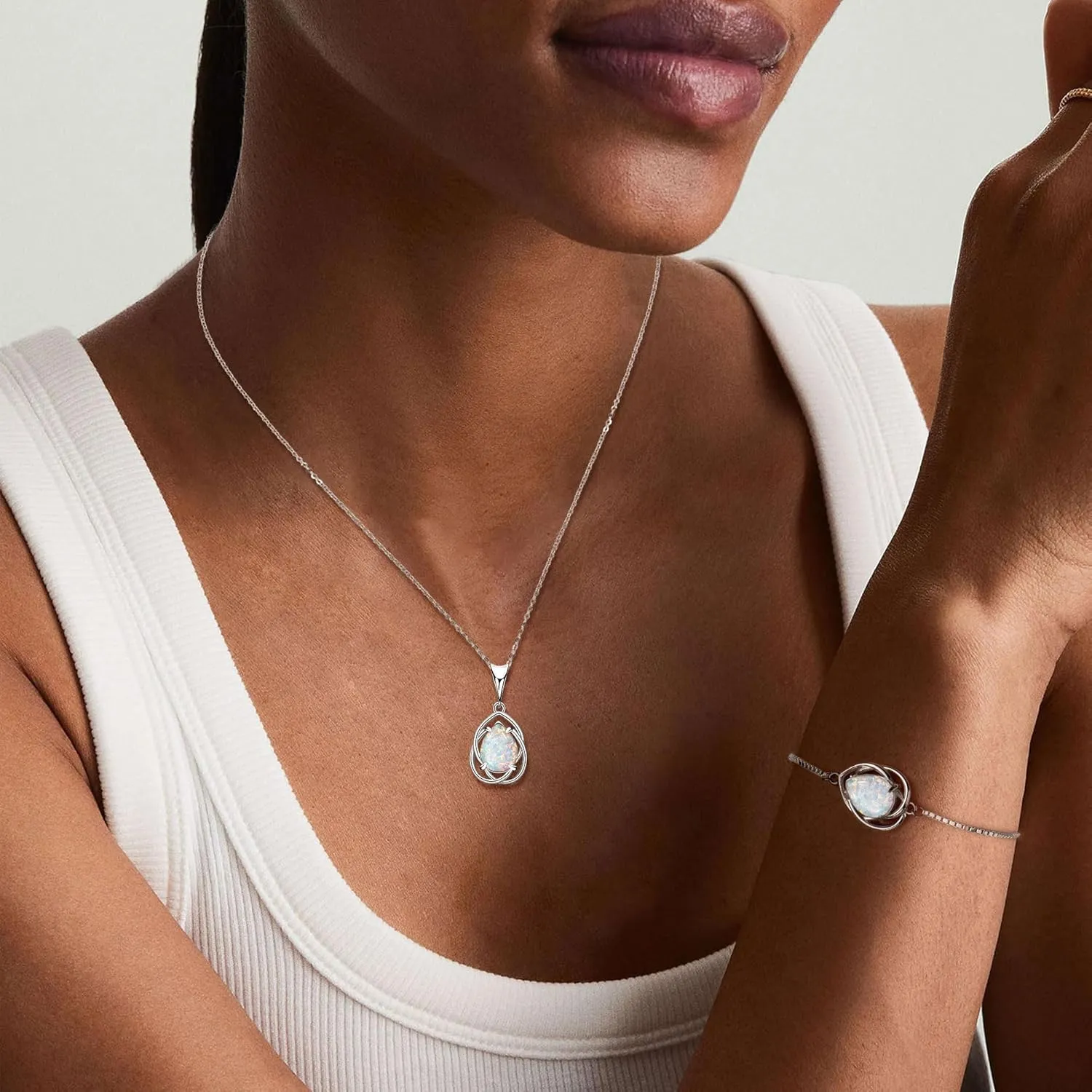 YUNKAI 925 Sterling Silver Opal Bracelet, Adjustable Pear/Round/Oval Cut Opal Link Bracelet for Women, October Birthstone Jewelry Gifts for Her Birthday Christmas