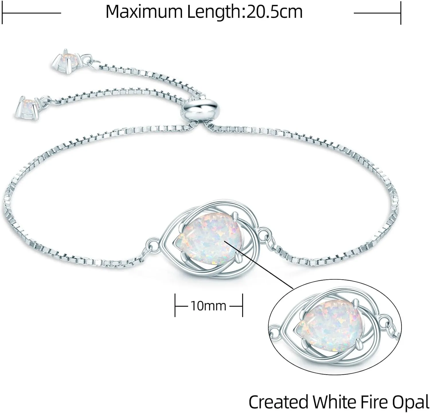 YUNKAI 925 Sterling Silver Opal Bracelet, Adjustable Pear/Round/Oval Cut Opal Link Bracelet for Women, October Birthstone Jewelry Gifts for Her Birthday Christmas