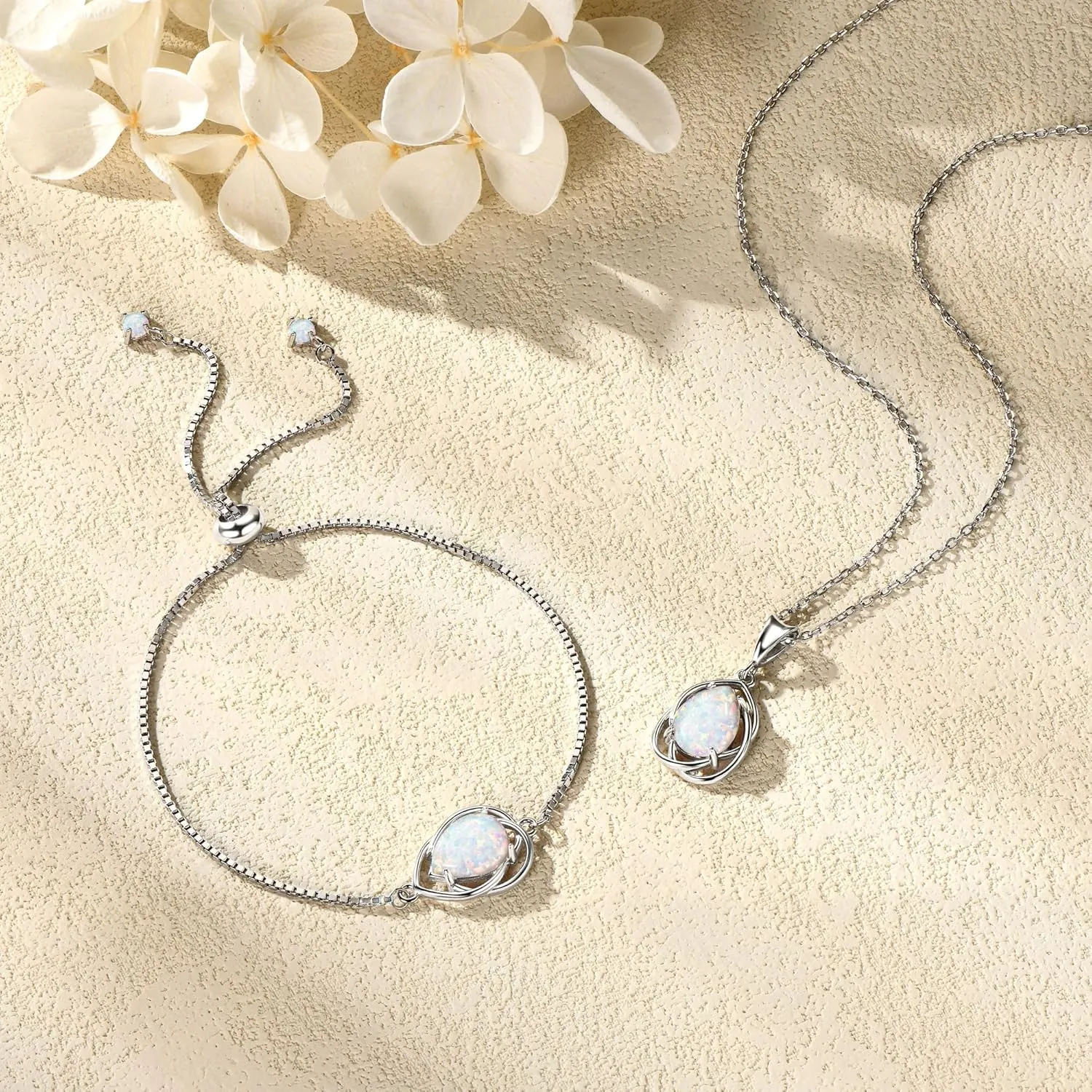 YUNKAI 925 Sterling Silver Opal Bracelet, Adjustable Pear/Round/Oval Cut Opal Link Bracelet for Women, October Birthstone Jewelry Gifts for Her Birthday Christmas